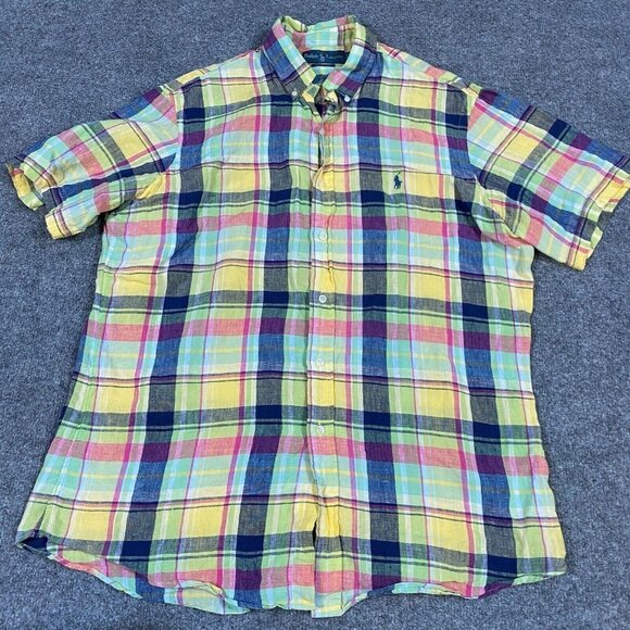 Polo Ralph Lauren Shirt L Blue Plaid 100% Linen Custom Fit Button Down Preppy - Picture 1 of 7